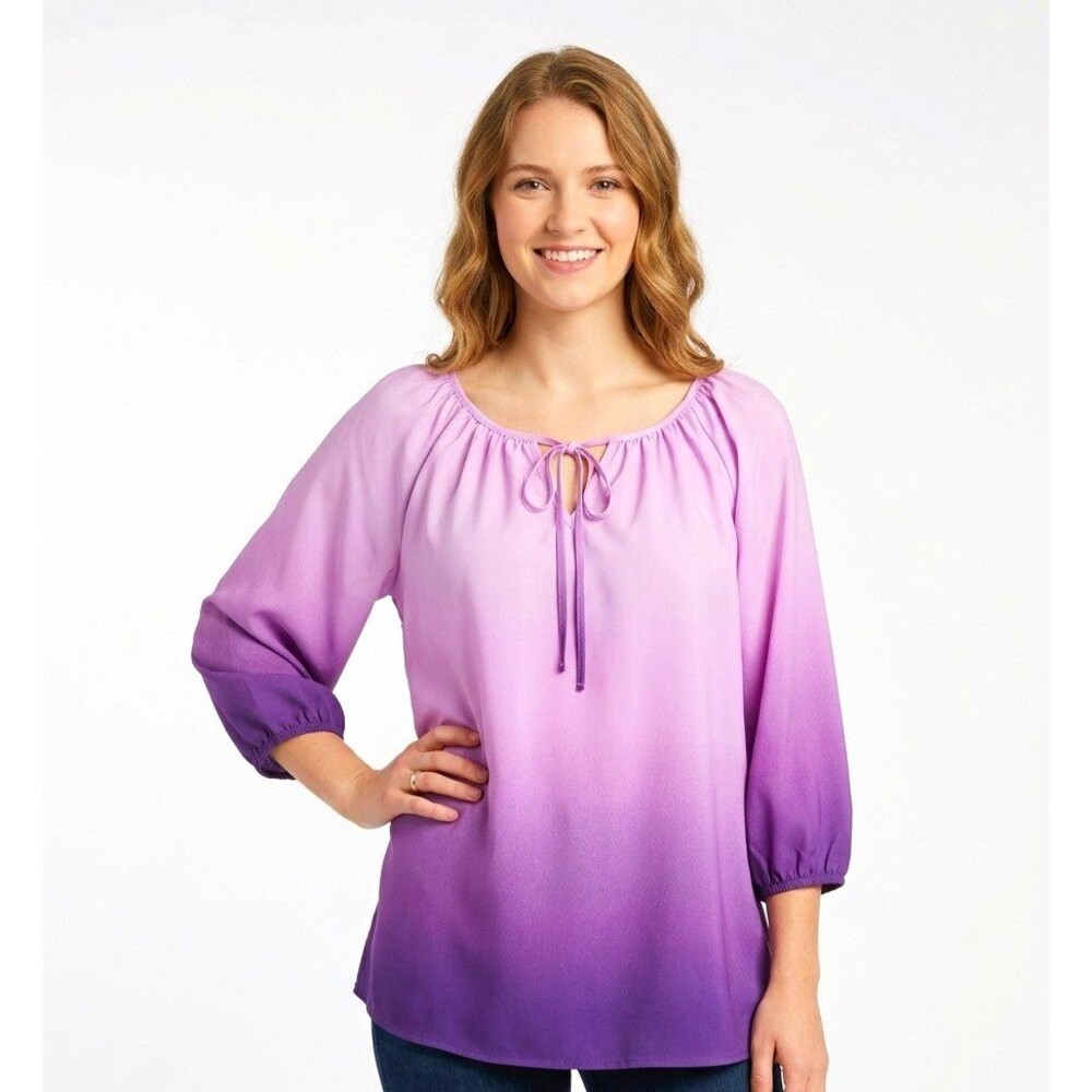 Fred David Womens Peasant Top 1X Pink Purple OMBRE 3/4 Slv tie keyhole boho